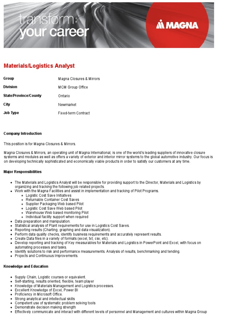 MaterialsLogistics Analyst Magna Career Opportunities PDF