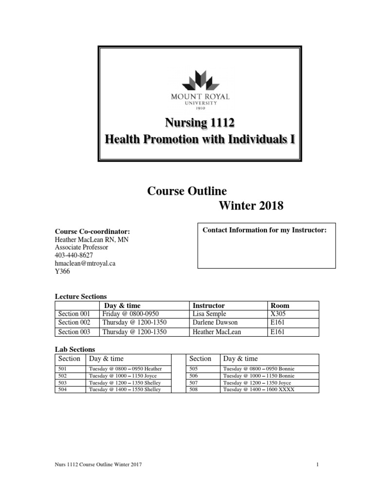 NURS 1112 Course Outline Winter 2018 | PDF | Nursing | Final Examination