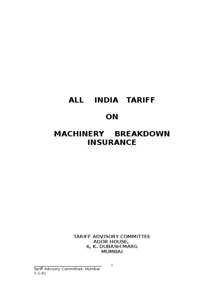 All India Tariff ON Machinery Breakdown Insurance Tariff Advisory