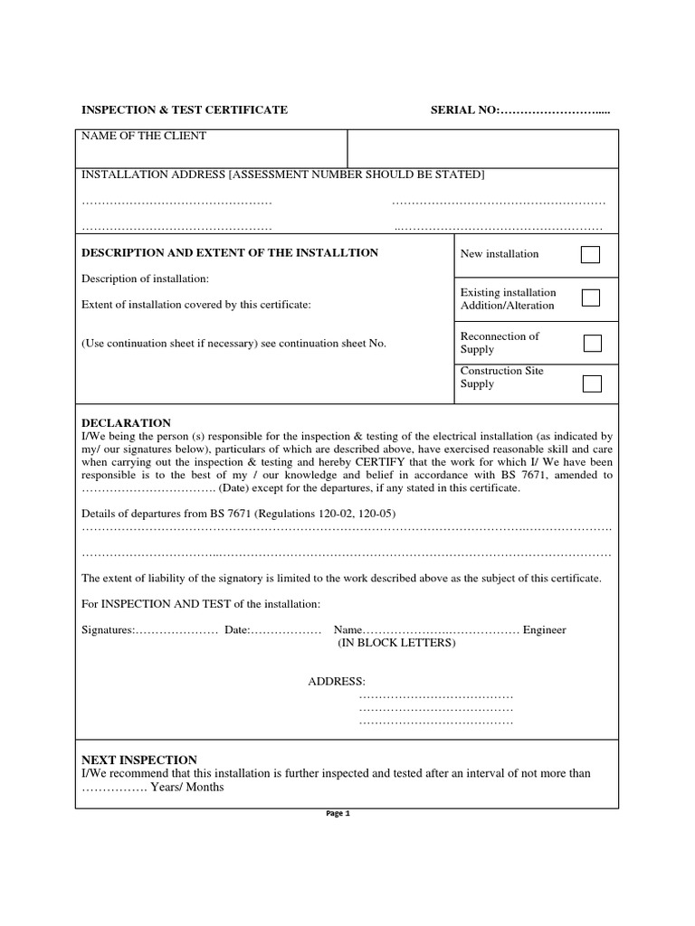 Inspection & Test Certificate Serial No: .... | PDF | Electrical ...