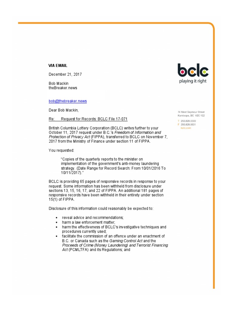 BCLC FOI Response on AML Strategy | PDF | Money Laundering | Criminal Law
