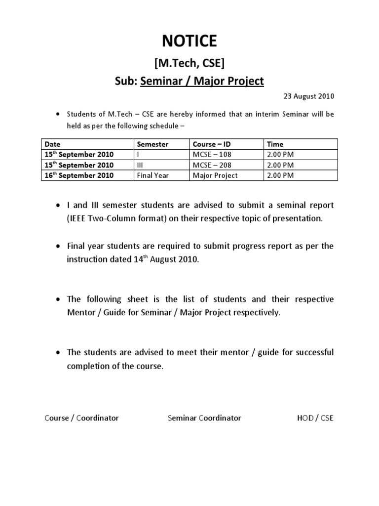M.Tech CSE Seminar & Project Notice | PDF