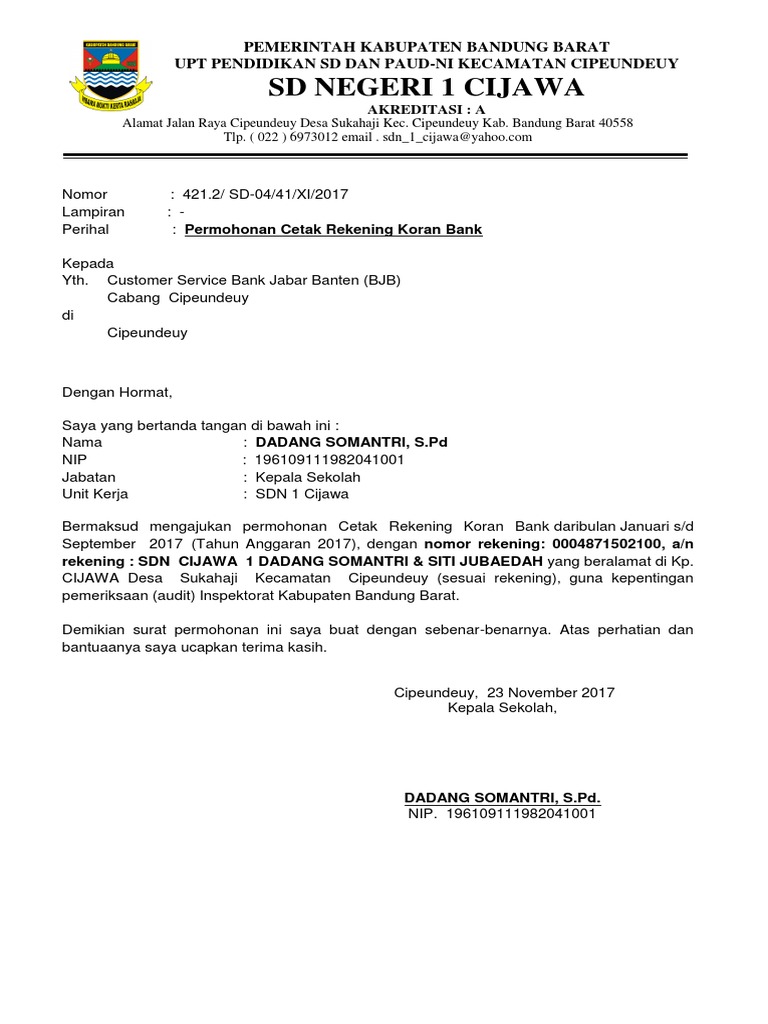 Contoh Surat Permohonan Cetak Rekening Koran Ke Bank  IMAGESEE