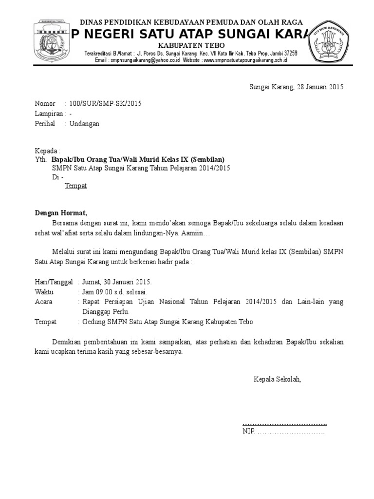 Contoh Surat Undangan Rapat Untuk Orang Tua Wali Murid Pdf