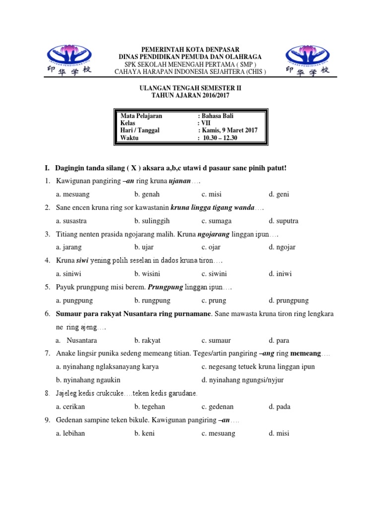 Soal Pemantapan Bahasa Bali Kls 6 Tahun 2016