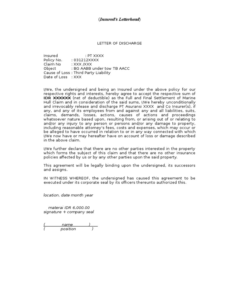 Draf Letter Of Discharge