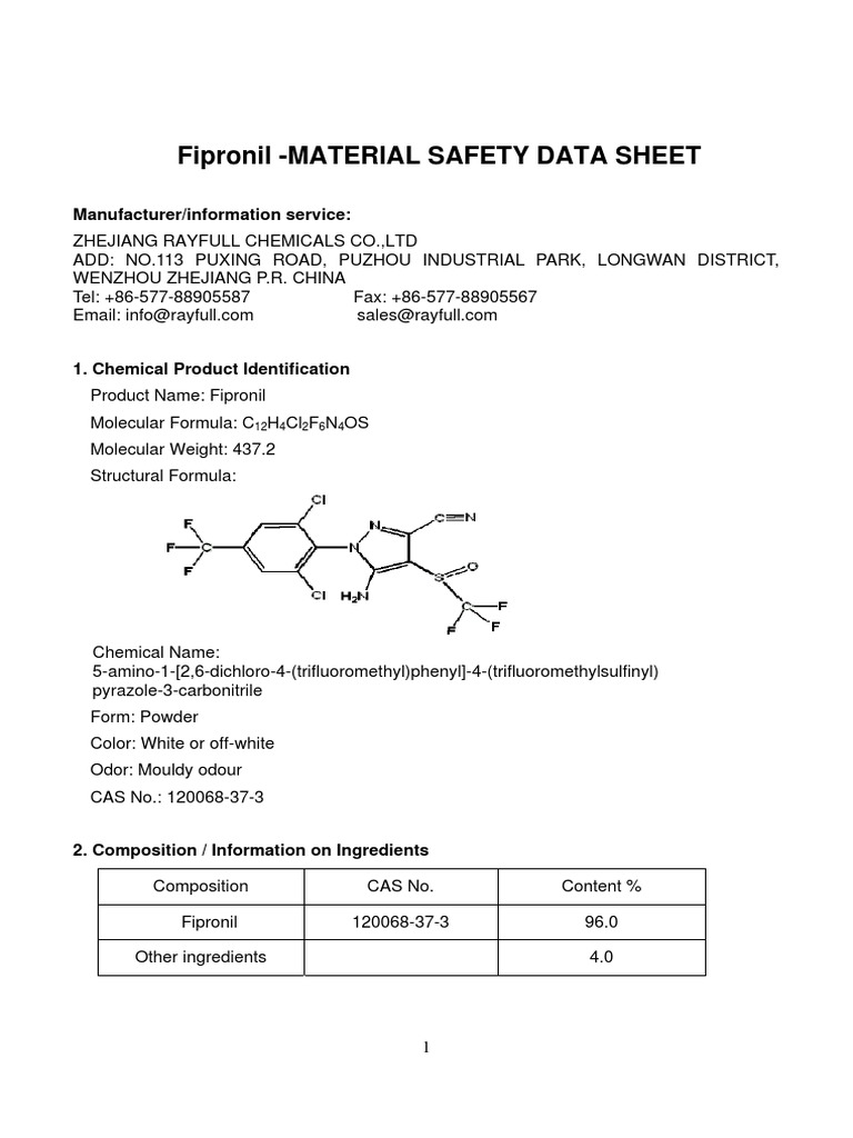 Fipronil Sds Toxicity Firefighting