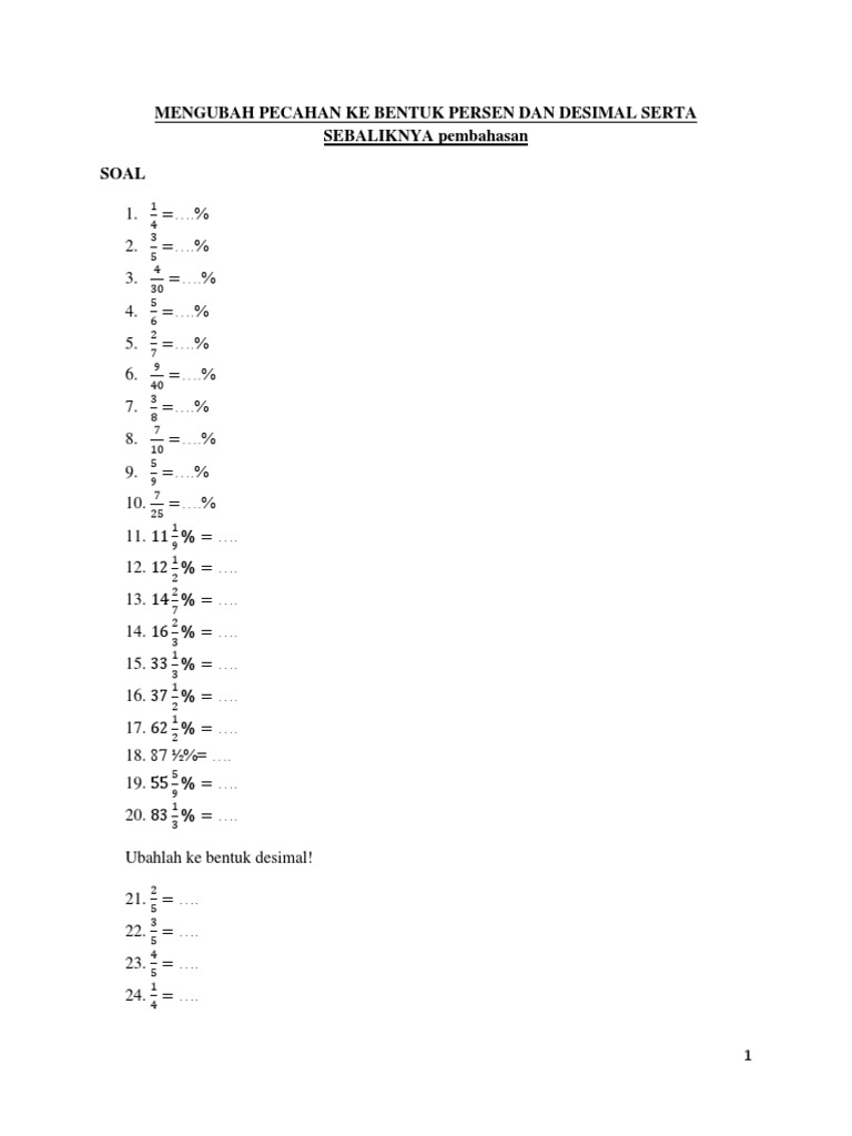 Mengubah Pecahan Ke Bentuk Persen Dan Desimal Serta Sebaliknya Pembahasan Pdf