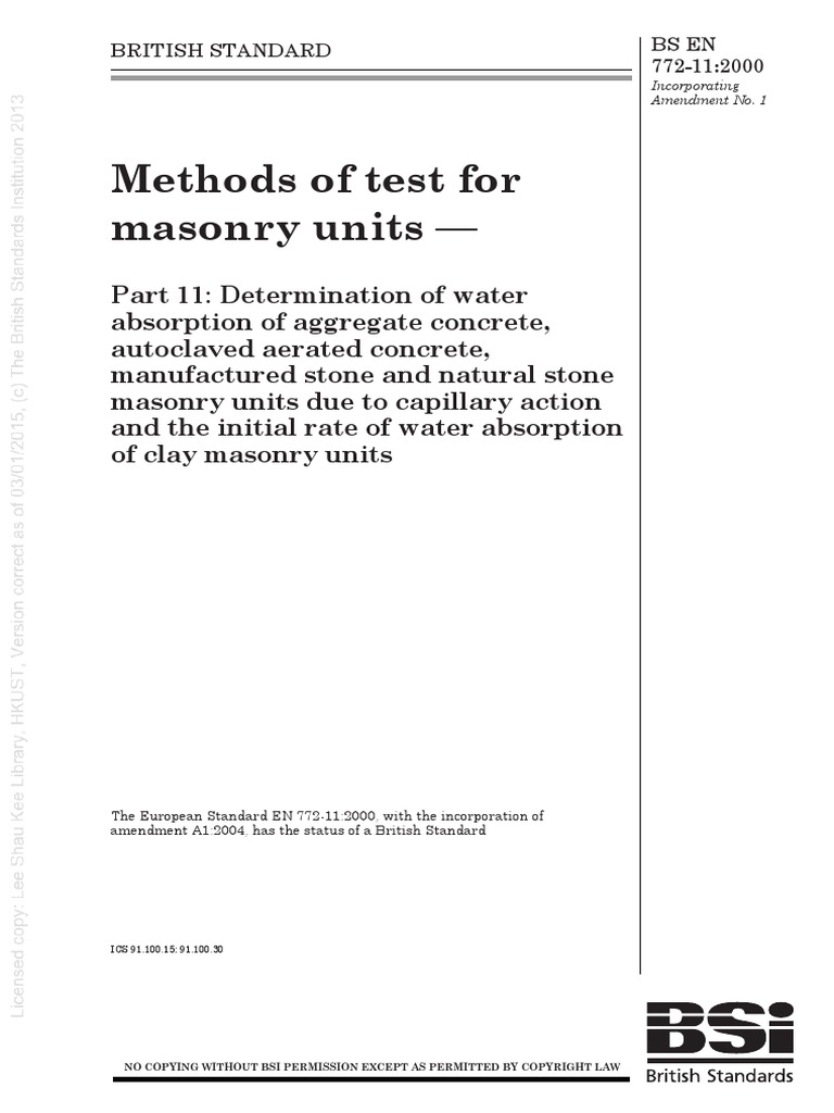 (BS en 772112000) Methods of Test For Masonry Units. Determination