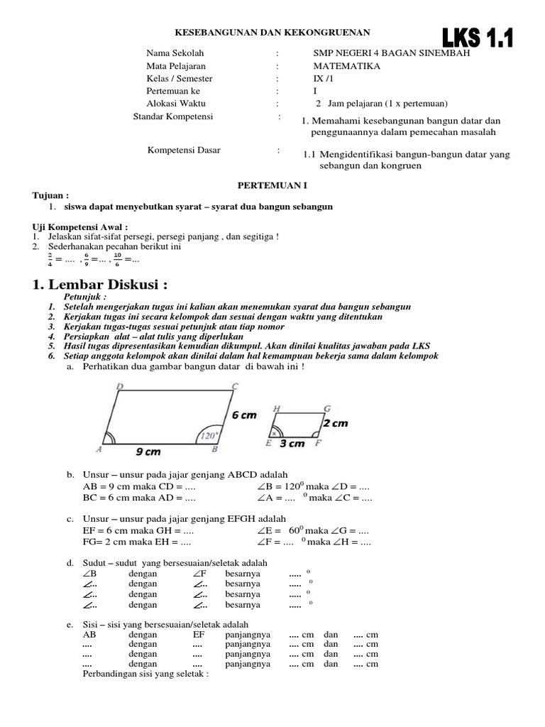 Lks 1 1 1 Kesebangunan Bangun Datar