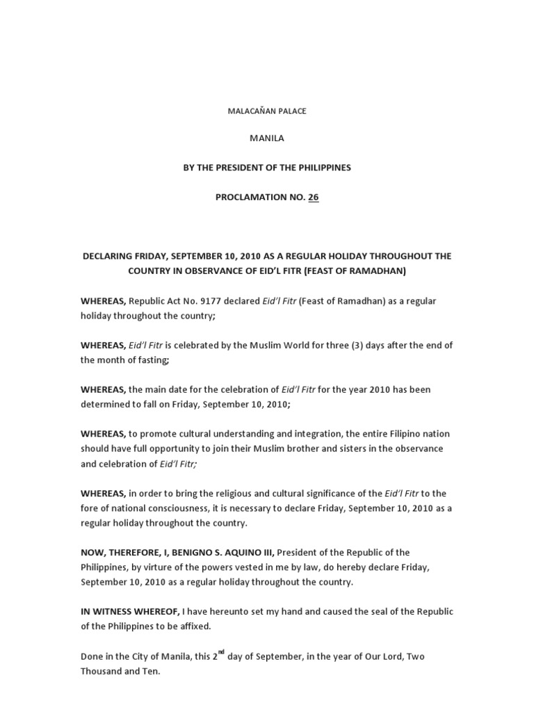 Proclamation of September 10 Holiday 2010 | PDF