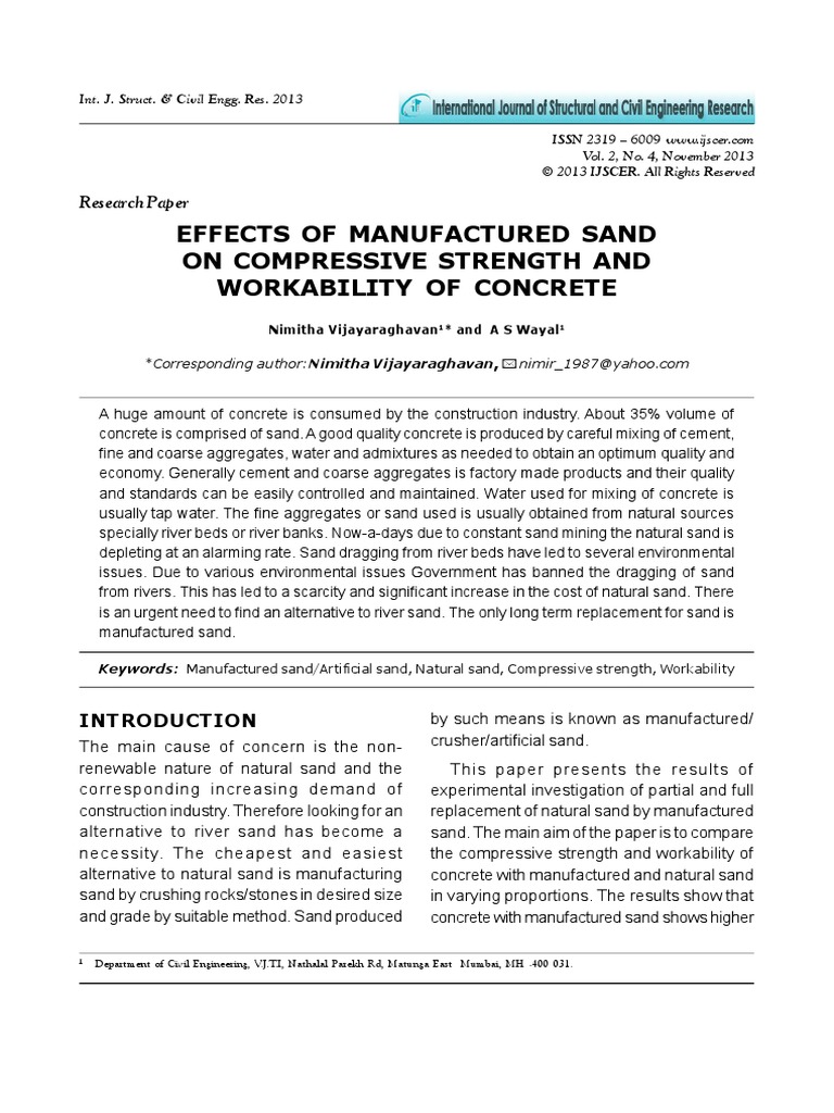 Effects of Manufactured Sand On Compressive Strength and Workability of ...