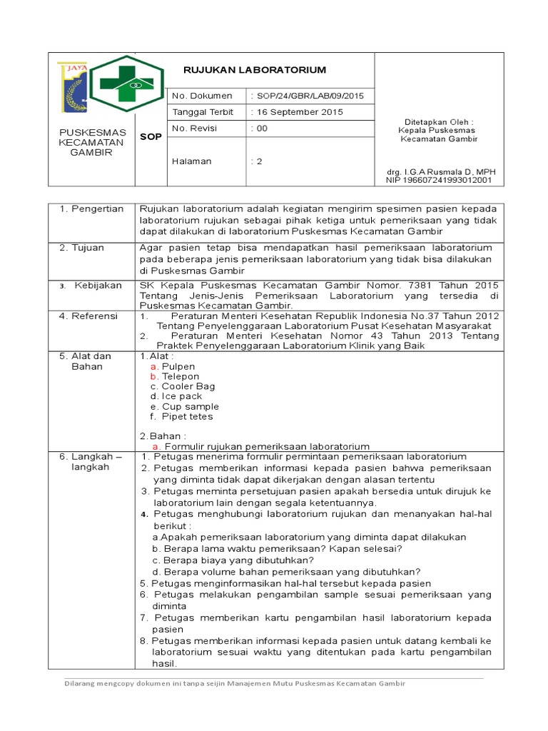 Rujukan Laboratorium Puskesmas Gambir | PDF