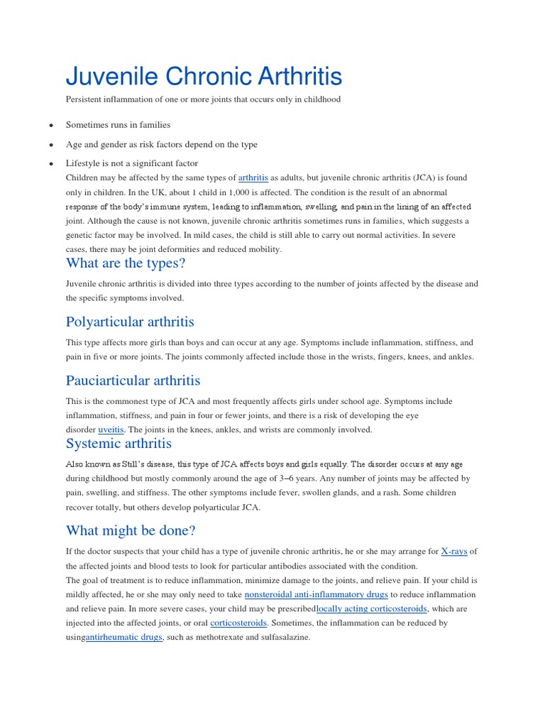 Juvenile Chronic Arthritis What Are The Types? PDF Arthritis Rtt