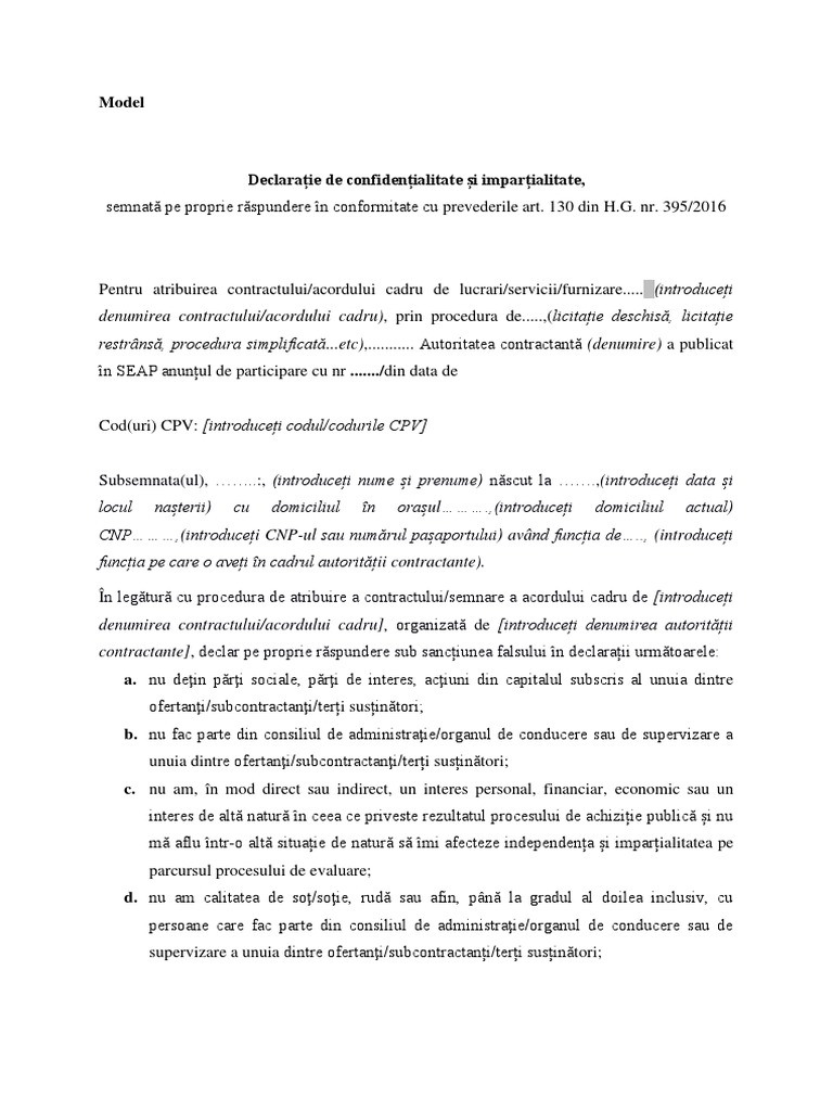 Declaratie de Confidentialitate Si Impartialitate | PDF