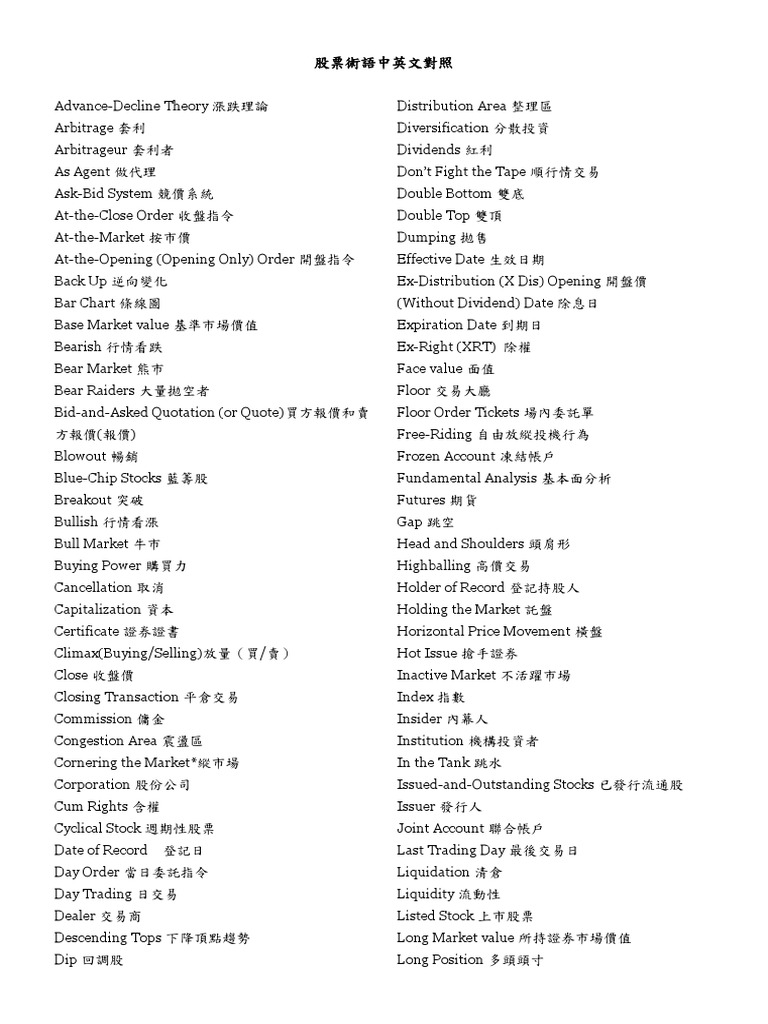 股票術語中英文對照| PDF