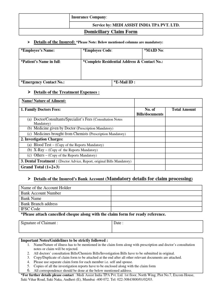 Domiciliary Claim Form Health Sciences Medical