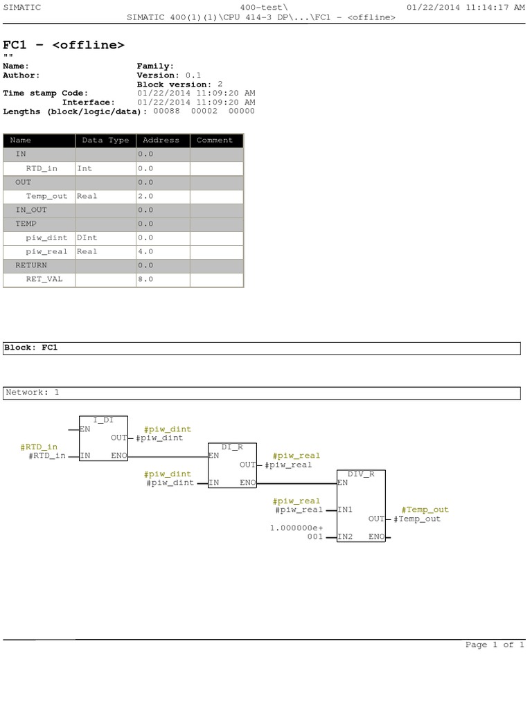 SIMATIC 400 FC1 Offline Block Details | PDF