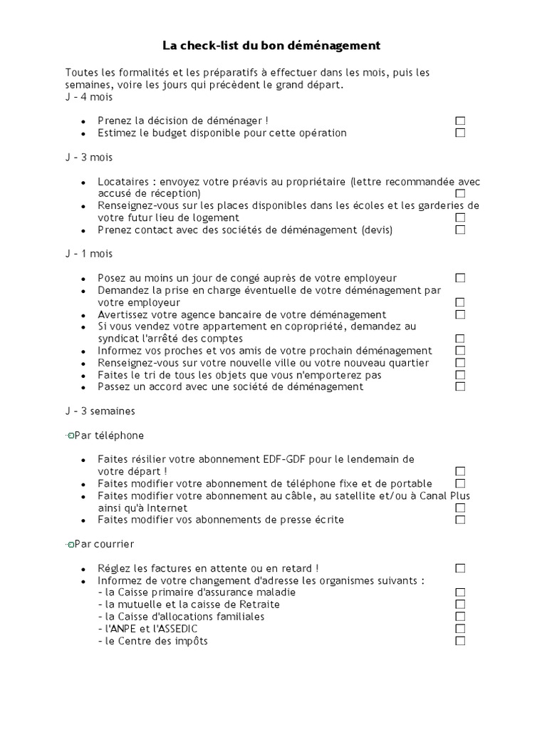 Checklist De Demenagement Pdf Affaires