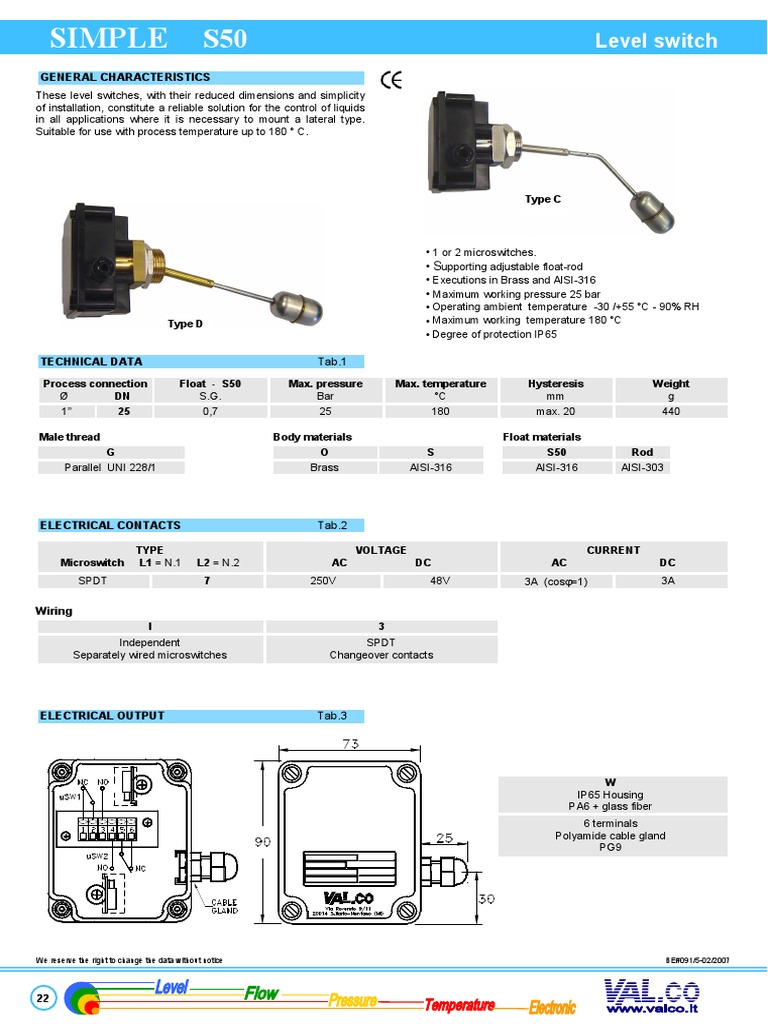 Level Switch S50 Specifications | PDF | Switch | Equipment