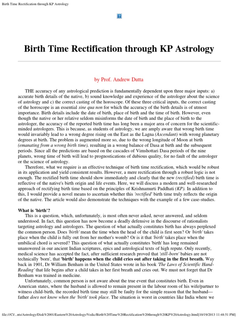 Birth Time Rectification Through KP Astrology PDF Horoscope Astrology