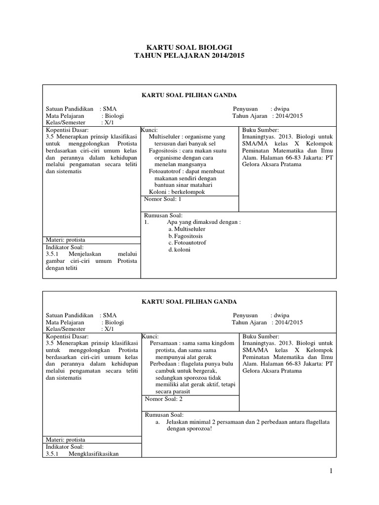 Kartu Soal Biologi Protista