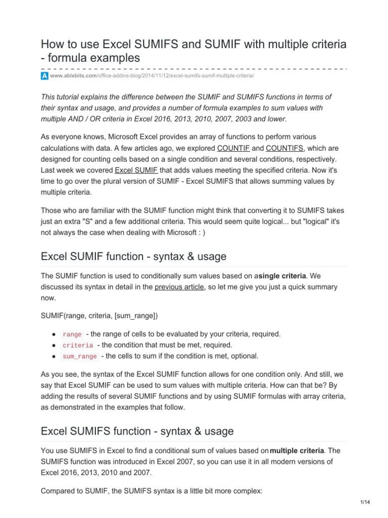 Excel SUMIF and SUMIFS Guide | PDF | Microsoft Excel | Formula