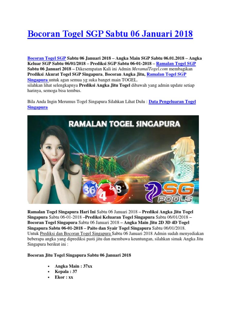 Bocoran Togel Sgp Sabtu 06 Januari 2018