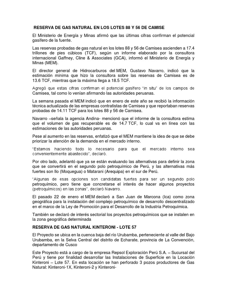 Reservas de Gas Natural en Camisea y Lote 57 | PDF | Petróleo ...