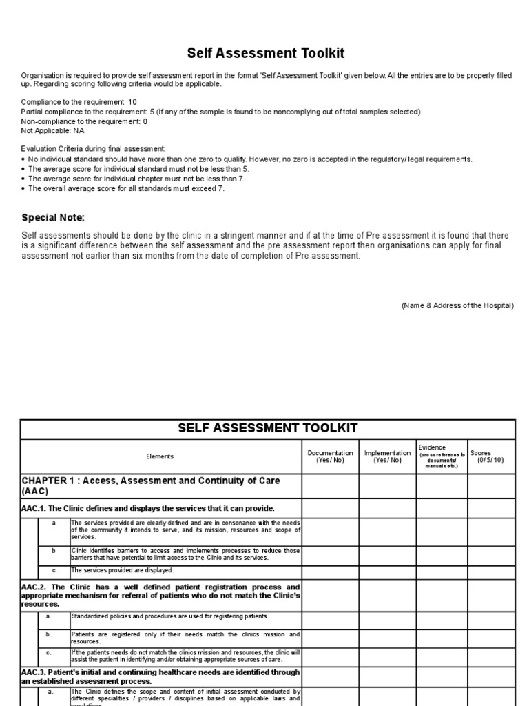 Self Assessment Toolkit for Clinics | PDF | Pharmaceutical Drug | Patient