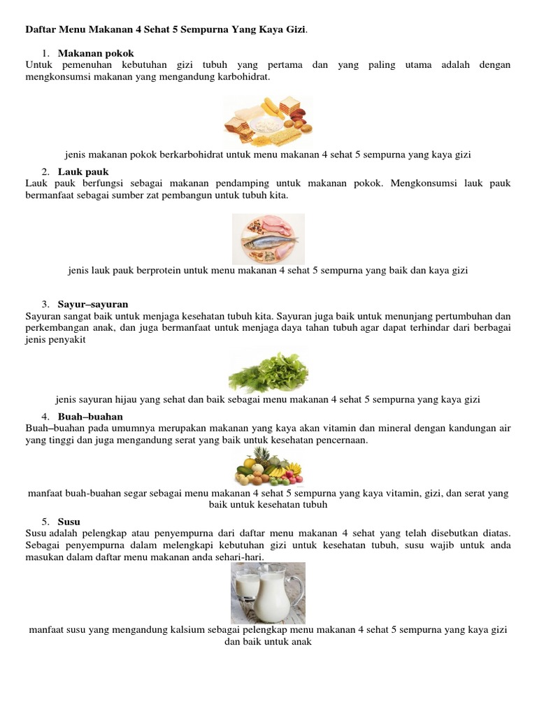 Daftar Menu Makanan 4 Sehat 5 Sempurna Yang Kaya Gizi Docx