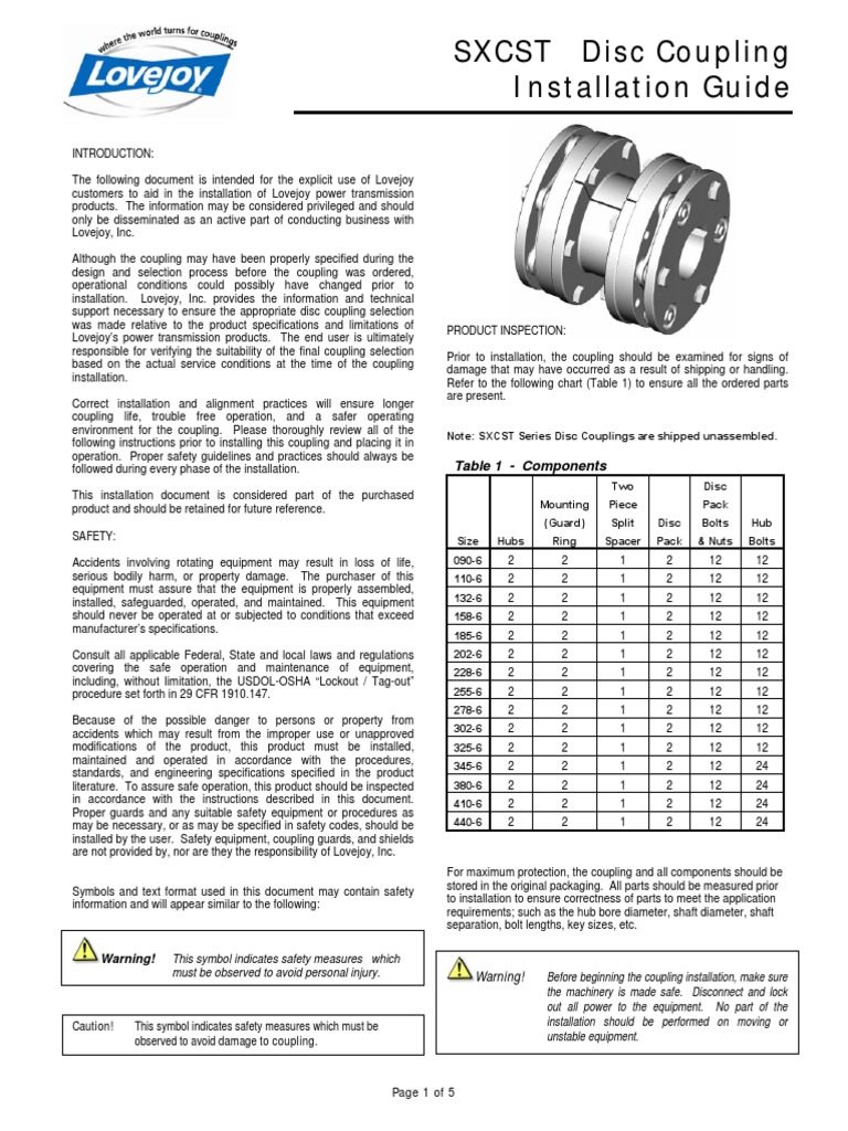 SXCST Disc Coupling Installation Guide Table 1 Components PDF
