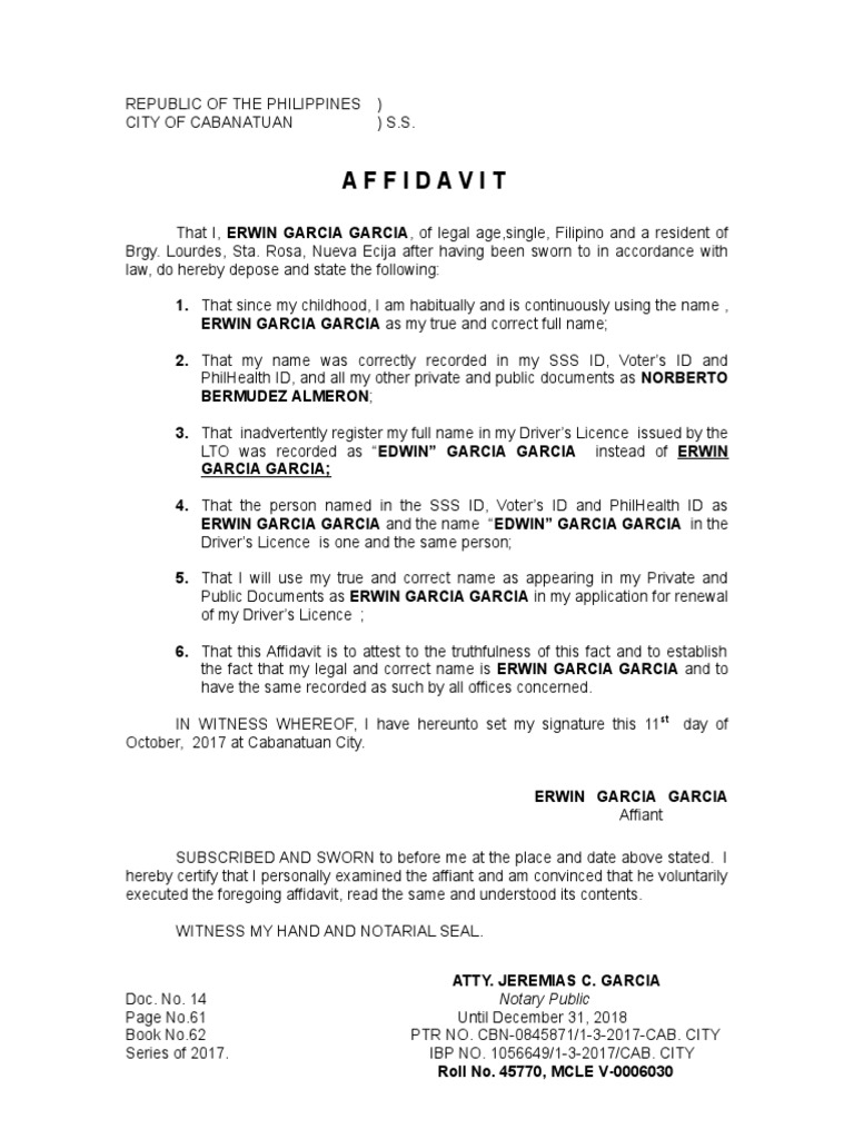 Correction of Name Affidavit Notary Public