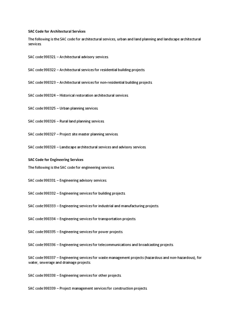 SAC Code For Architectural Services PDF