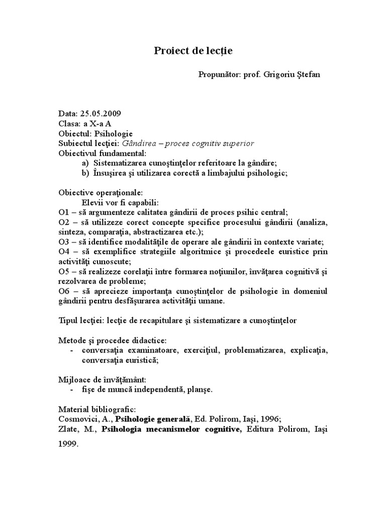 Proiect De Lecţie