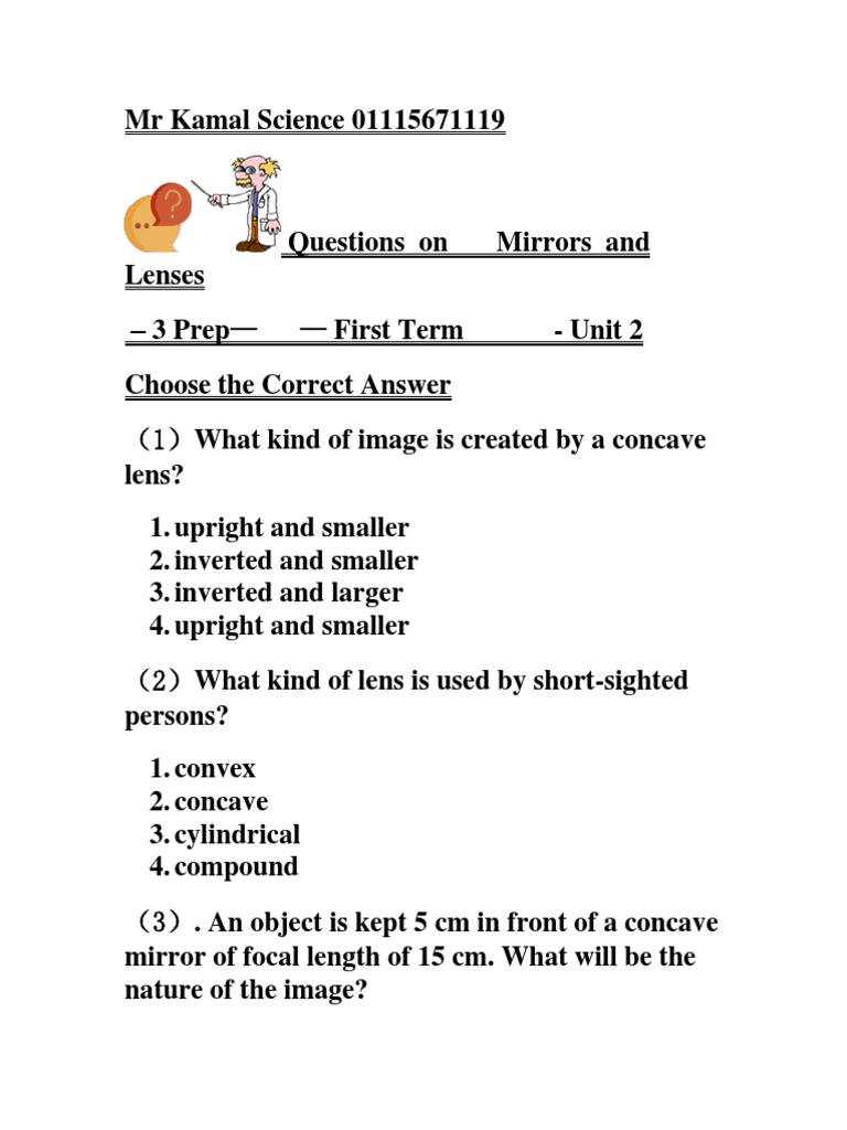 Questions on Mirrors and Lenses Lens (Optics) Mirror