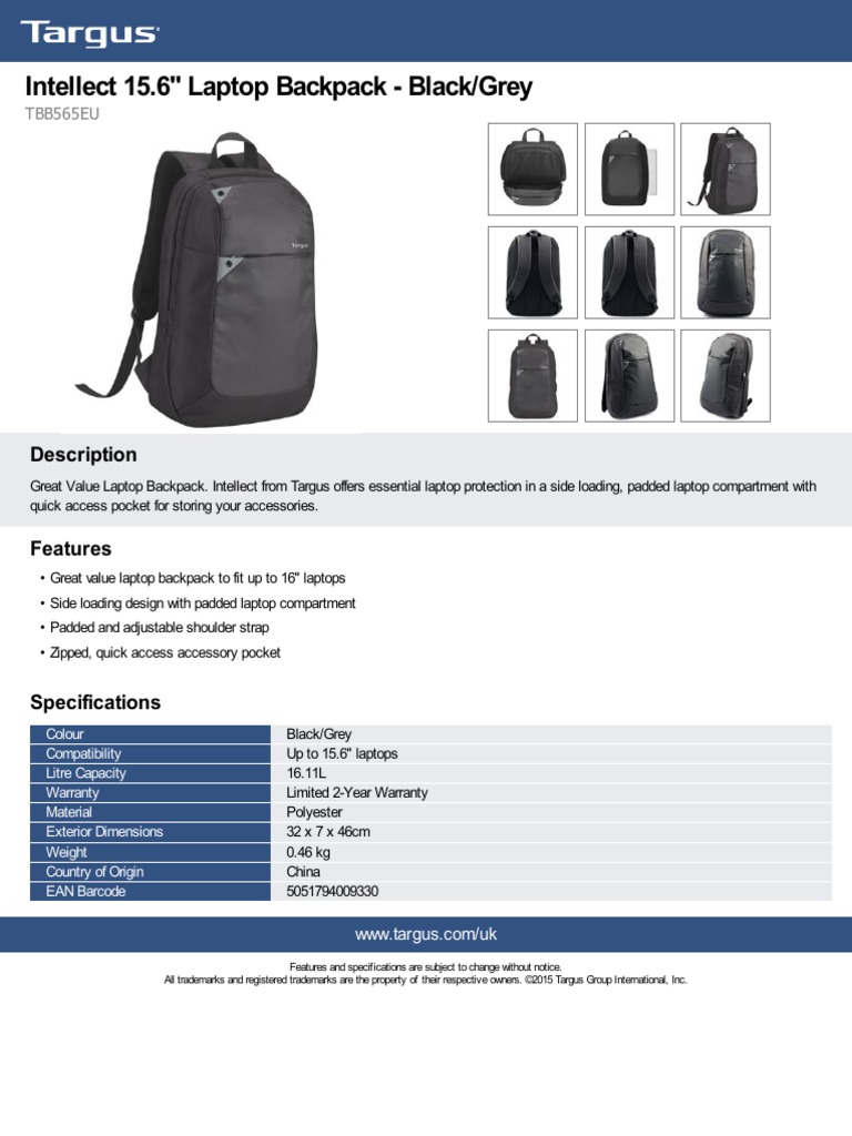 Targus Intellect 15 6 Laptop Backpack Blackgrey Tbb565eu PDF