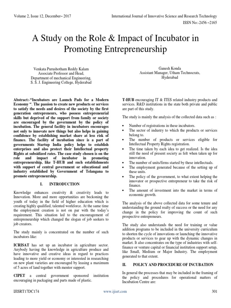 A Study On The Role Impact of Incubator in Promoting Entrepreneurship