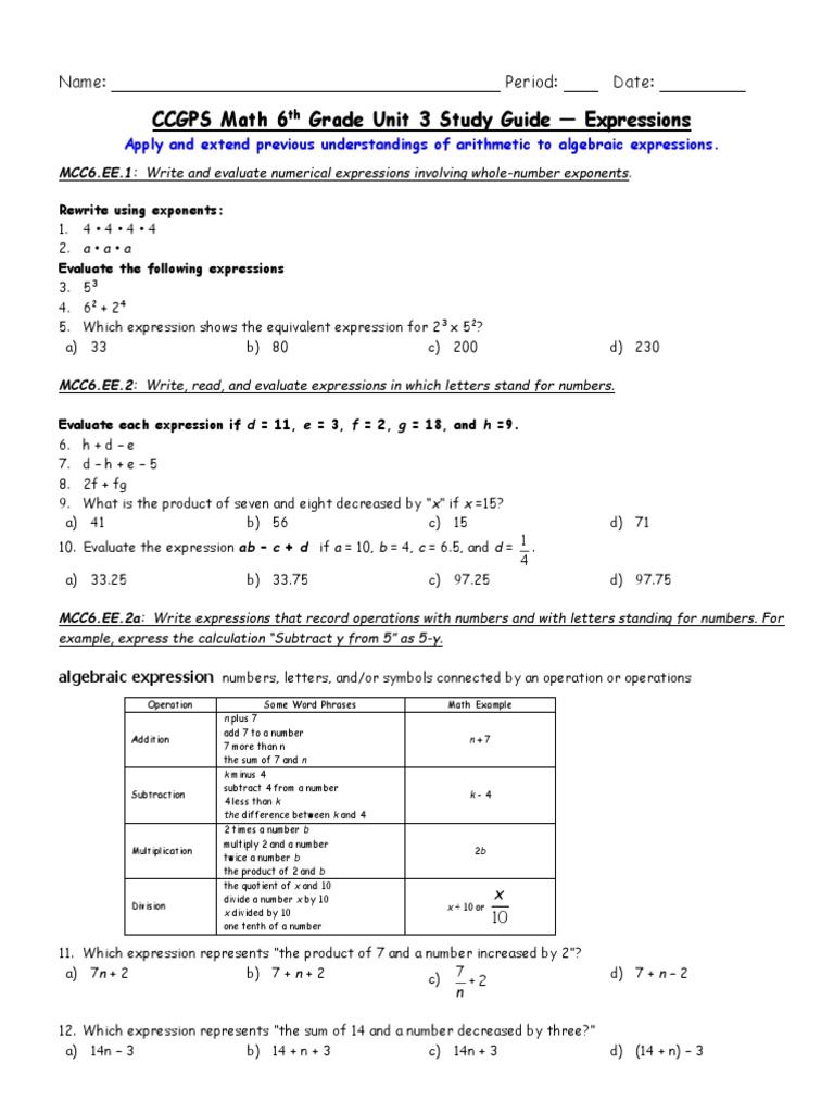 CCGPS Math 6 Grade Unit 3 Study Guide - Expressions: Name: Period: Date ...
