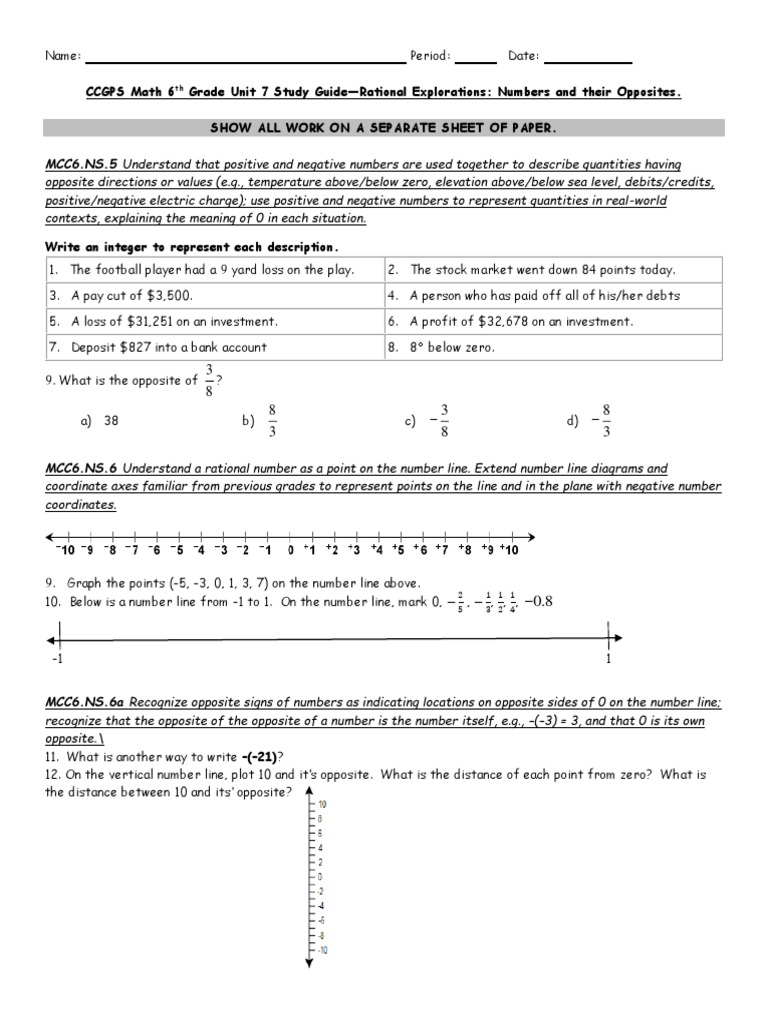 CCGPS Math 6 Grade Unit 7 Study Guide-Rational Explorations: Numbers ...