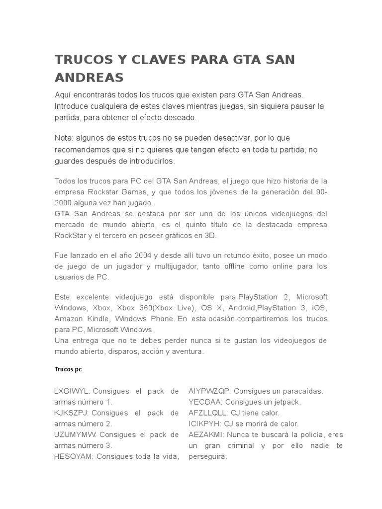 Guía completa de trucos y claves para GTA San Andreas PDF Ocio