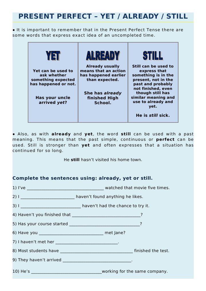 Present Perfect: Yet, Already, Still Explained | PDF | Language Arts ...