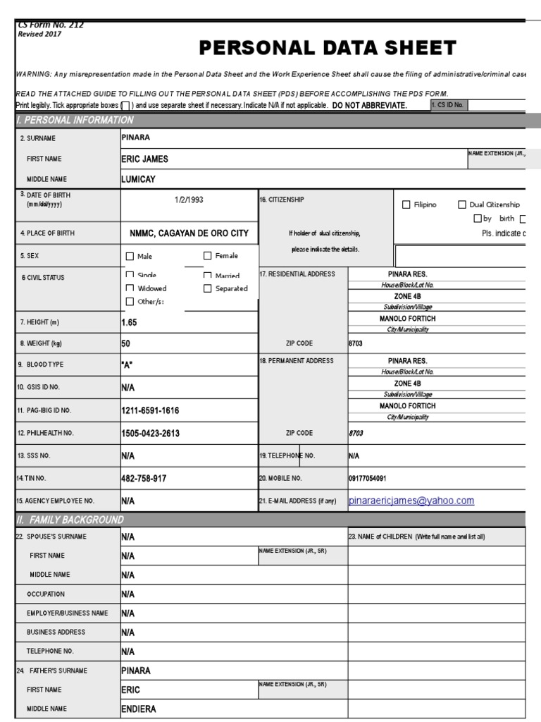 Personal Data Sheet Passport Government Information