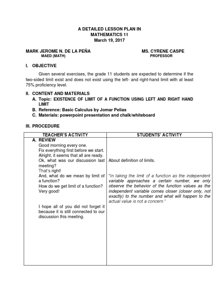 Grade 11 Math Lesson: Limits and Functions | PDF | Function ...