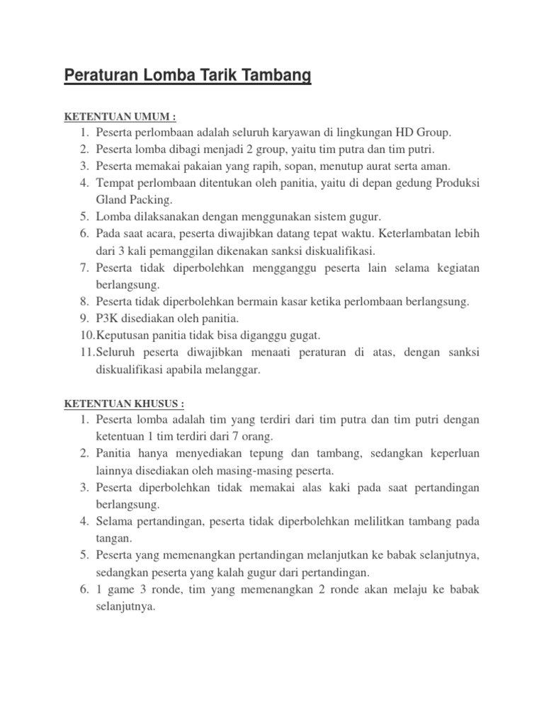 Peraturan Lomba Tarik Tambang HD Group | PDF