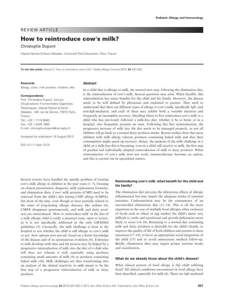 How To Reintroduce Cow S Milk? PDF Food Allergy Allergy