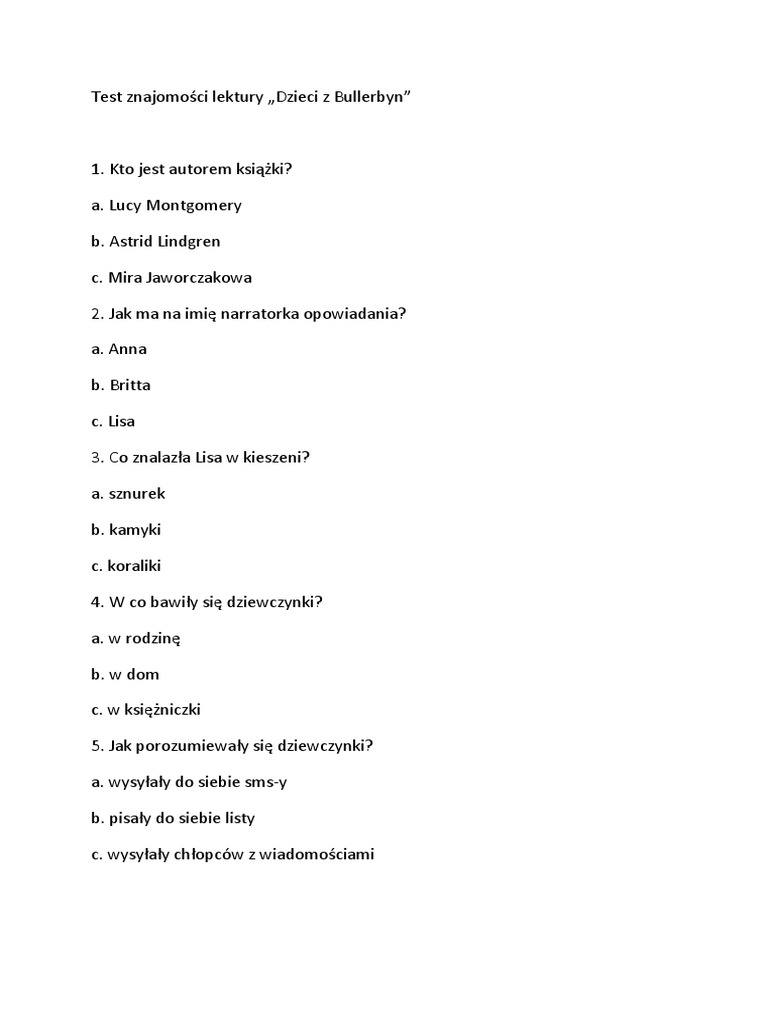 Test Dzieci Z Bullerbyn Z Odpowiedziami