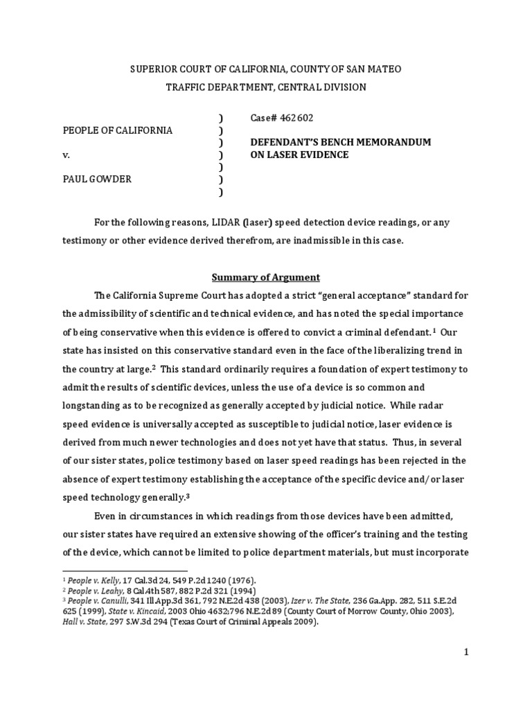 Bench Memo On Laser Evidence PDF Daubert Standard Admissible Evidence