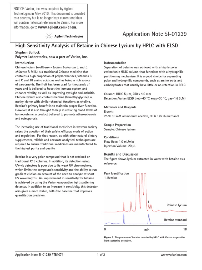 Agilent Application Note HILIC Column Betaine PDF High Performance