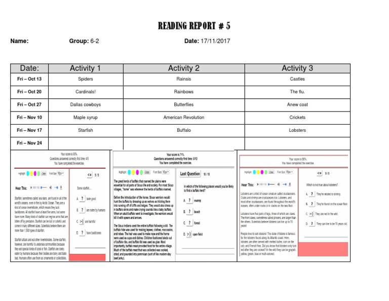 Reading Report # 5: Date: Activity 1 Activity 2 Activity 3 | PDF